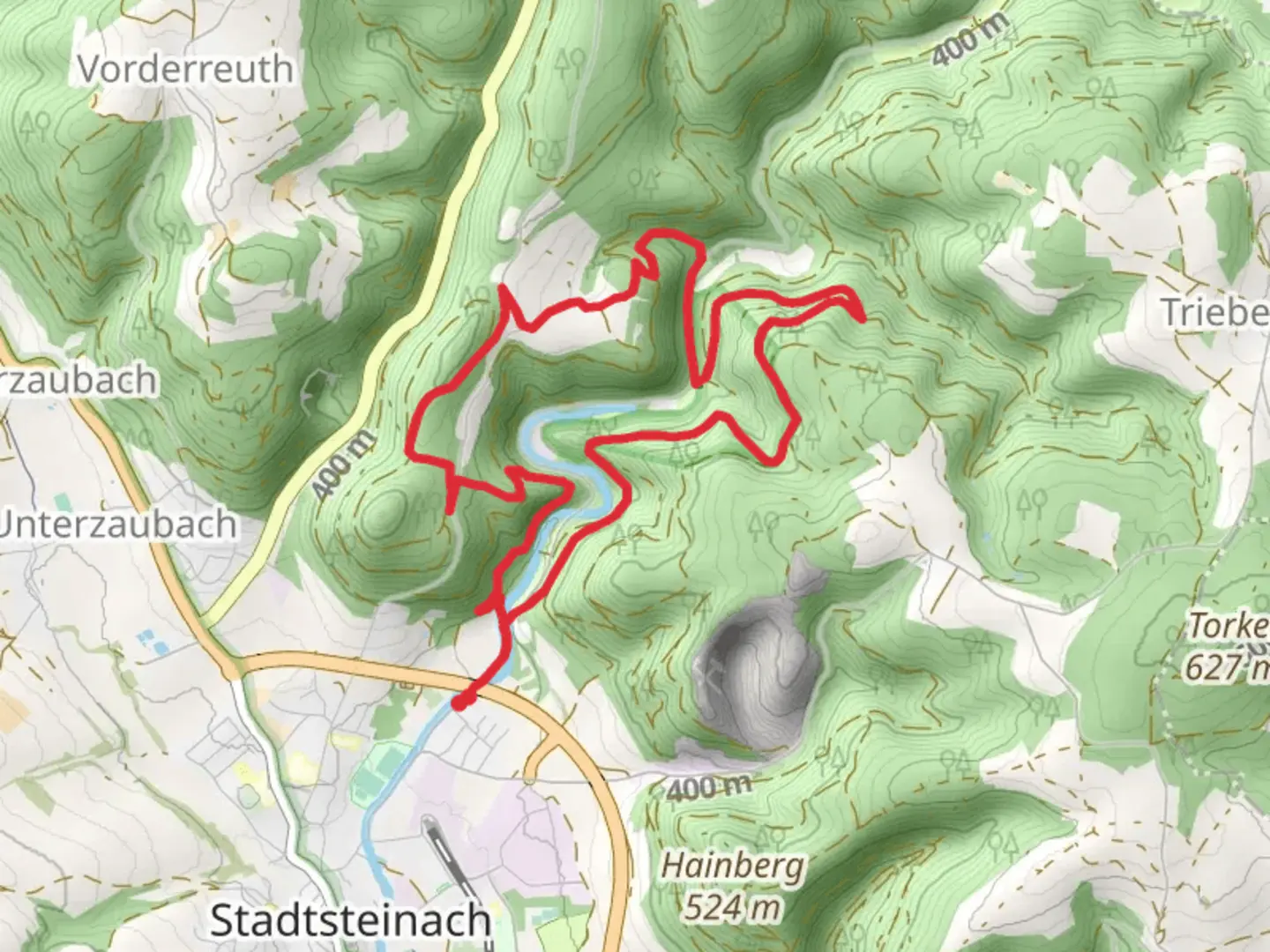 An image depicting the trail Geo Pfad Steinachtal and Gruenbuerg Weg and its surrounding area.