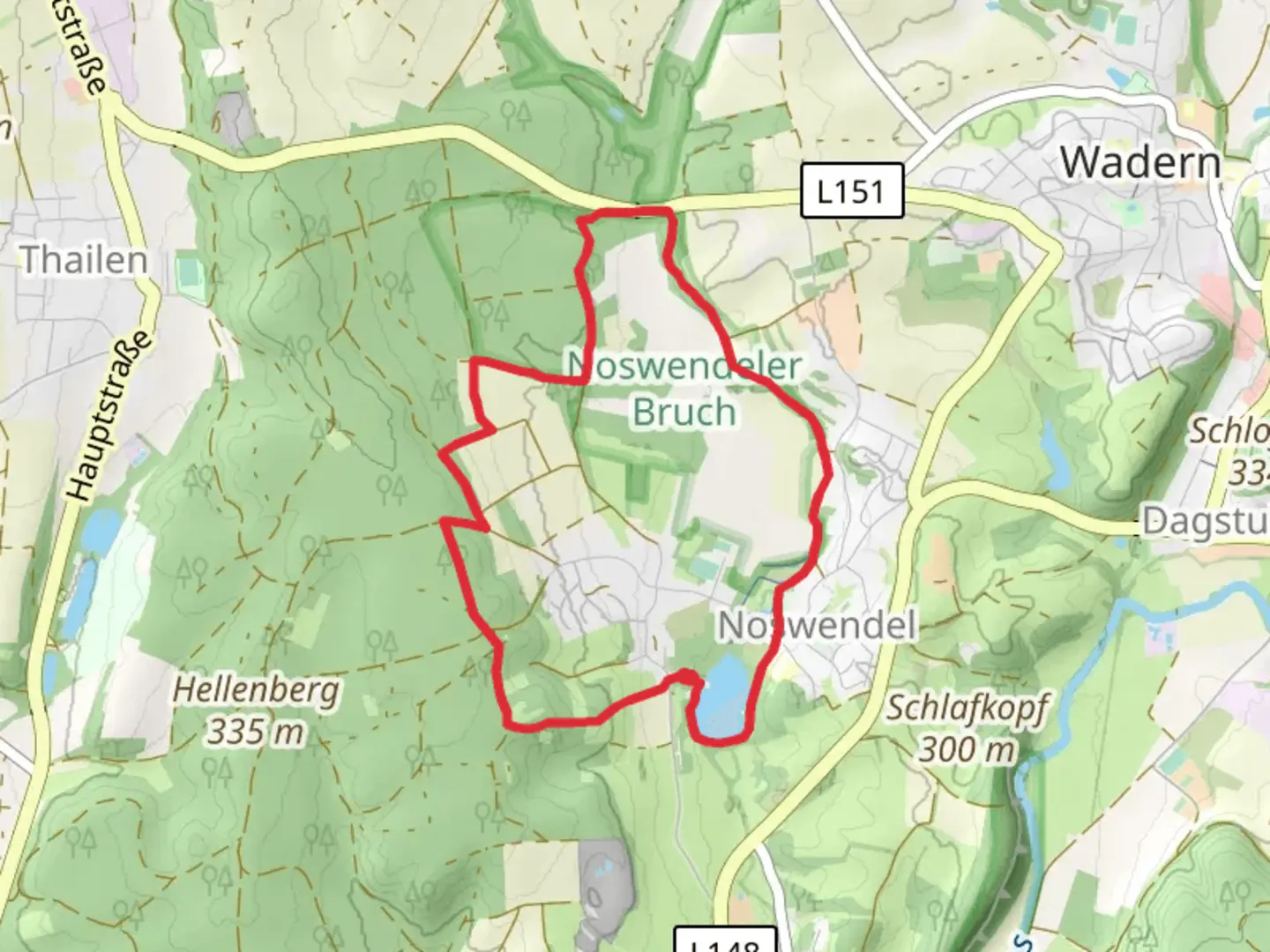 An image depicting the trail Stausee Noswendel and Noswendeler Bruch Loop and its surrounding area.