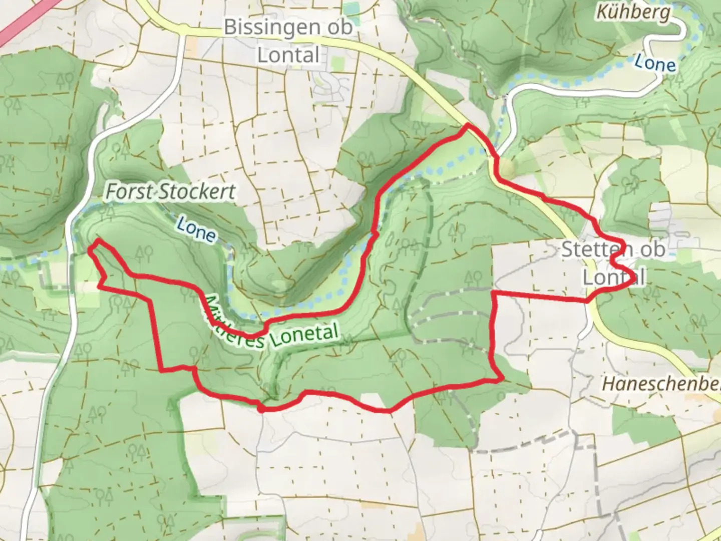 An image depicting the trail Mauerreste, Bockstein Hohle and Vogelherd Hohle Loop and its surrounding area.