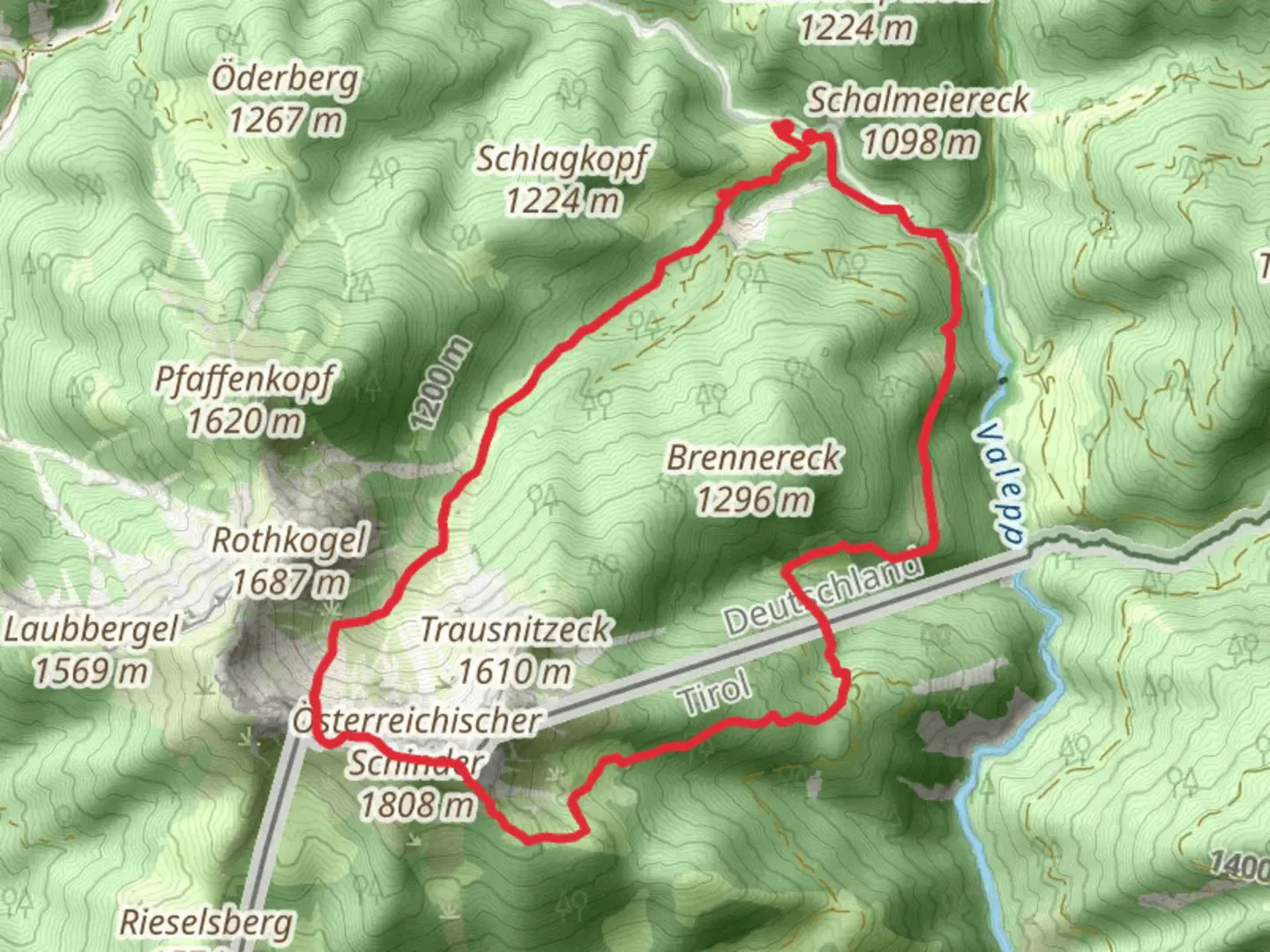 An image depicting the trail Schindertor Loop via Valepp Schinder and its surrounding area.
