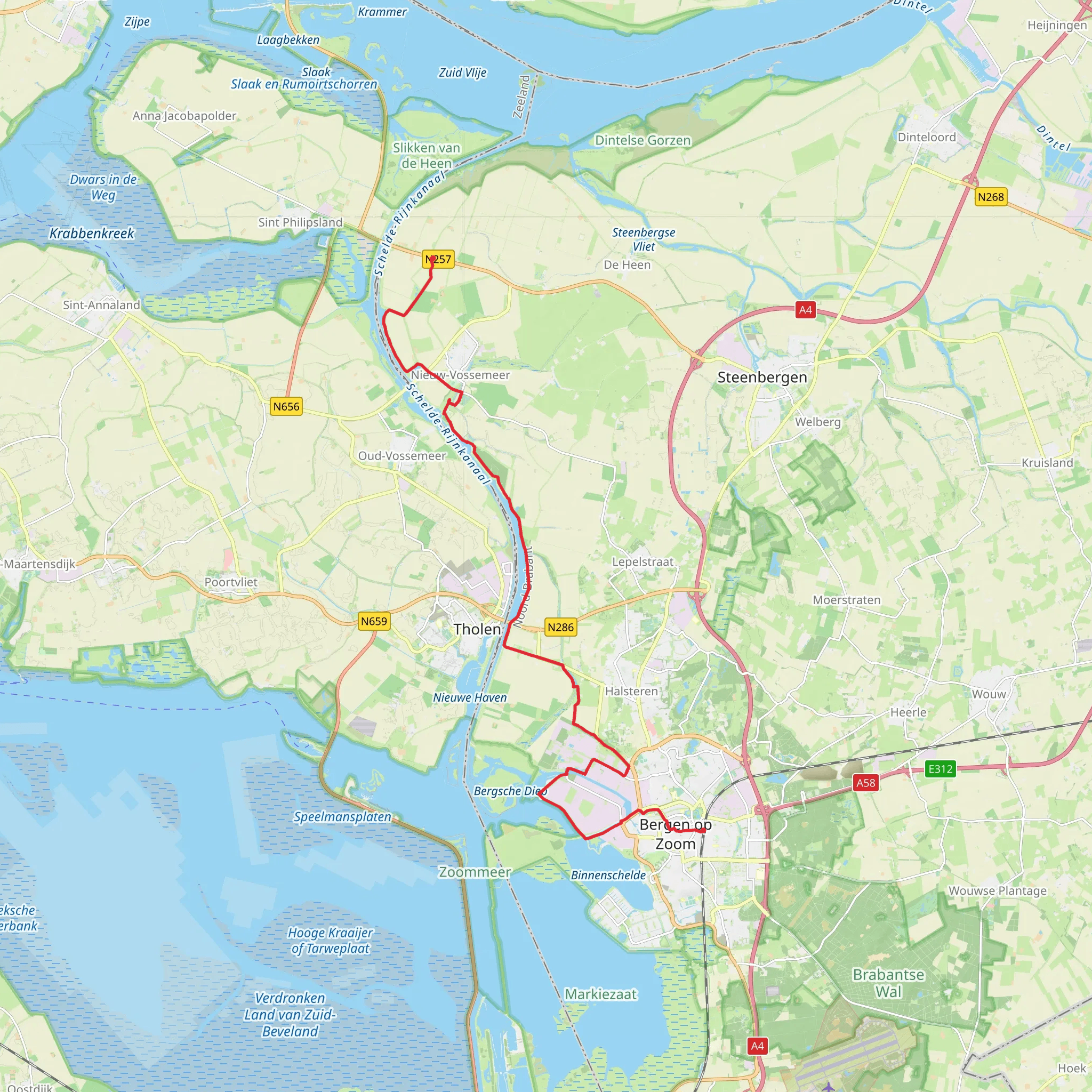 Slaakdam to Bergen op Zoom via Zoommeer and Fort De Waterschans mobile static map