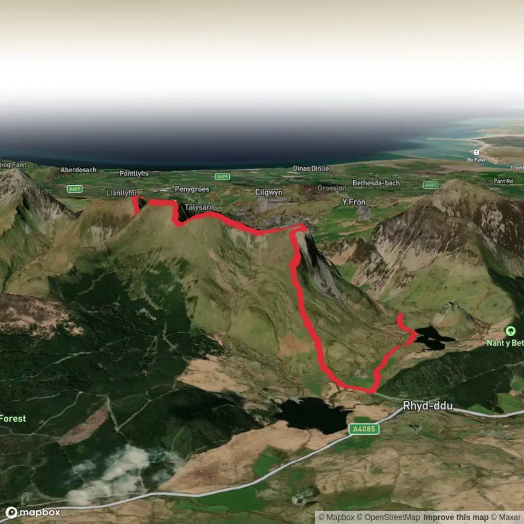 An image depicting the trail Nantell Ridge via Trum y Ddysgl and its surrounding area.