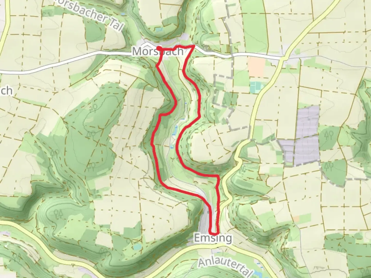 An image depicting the trail Moersbachtalweg Loop and its surrounding area.