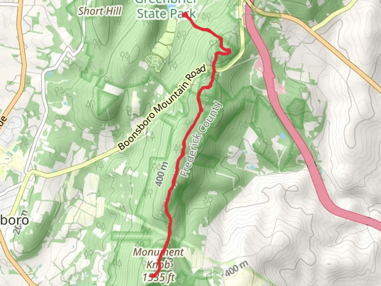 An image depicting the trail Monument Knob via Appalachian Trail and its surrounding area.