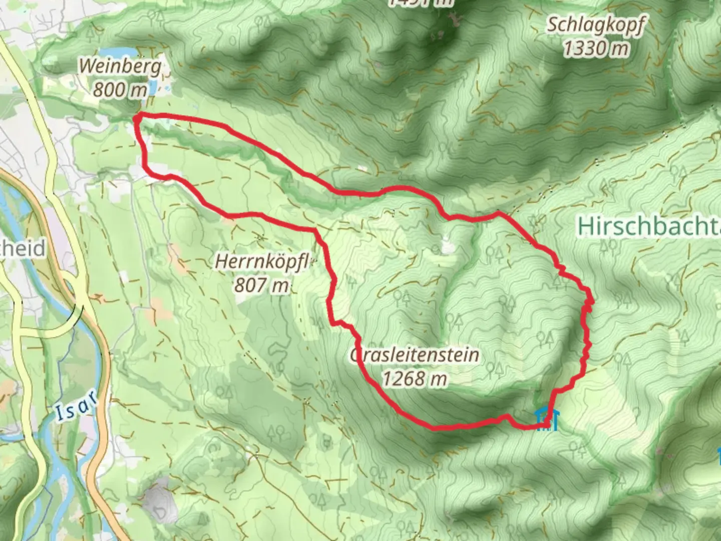 An image depicting the trail Mühlgasse and Sulzbach Loop via Wanderweg and its surrounding area.