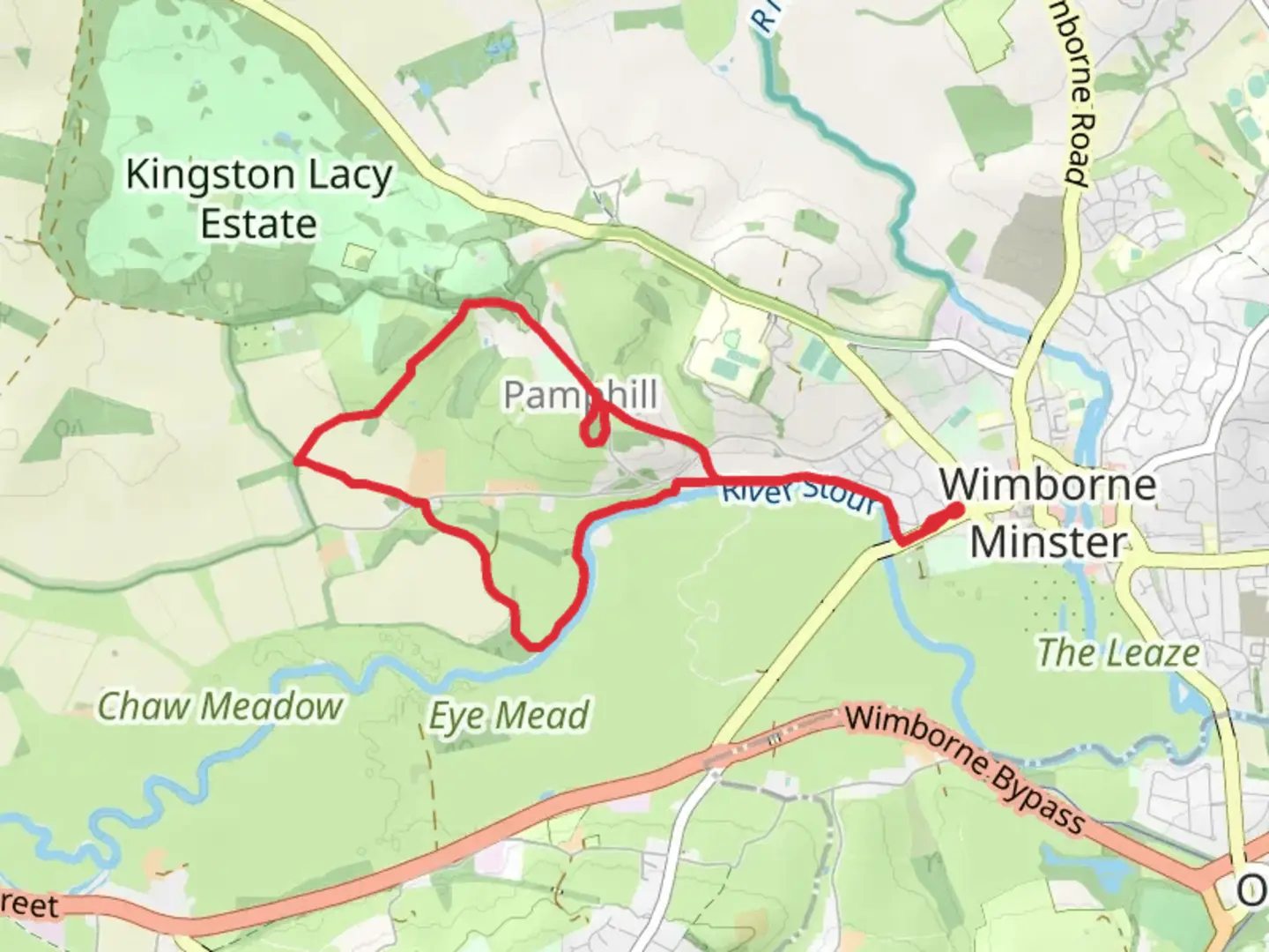 An image depicting the trail Little Pamphill via S V Way and its surrounding area.