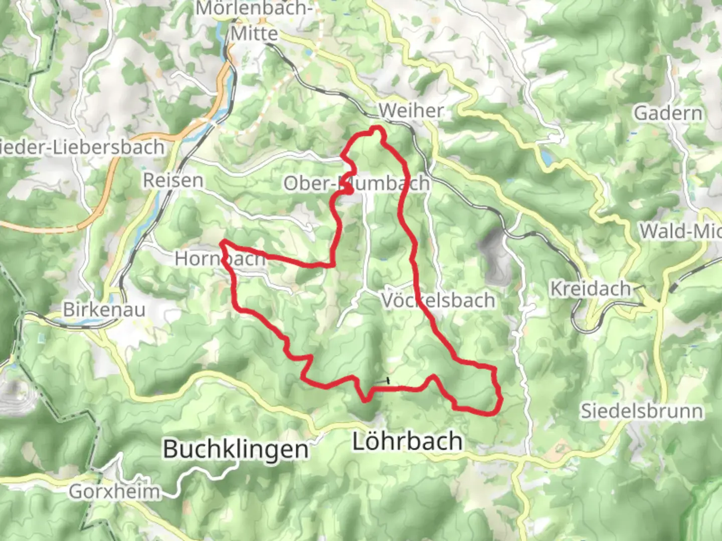 An image depicting the trail Obermumbach and Gotzenstein Loop and its surrounding area.