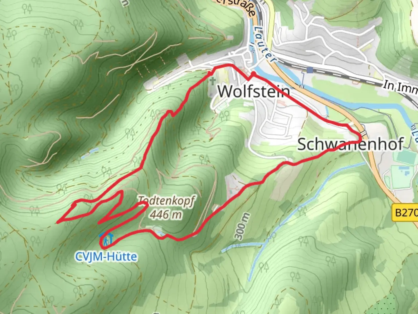 An image depicting the trail Lauterecken and Todtenkopf Loop and its surrounding area.