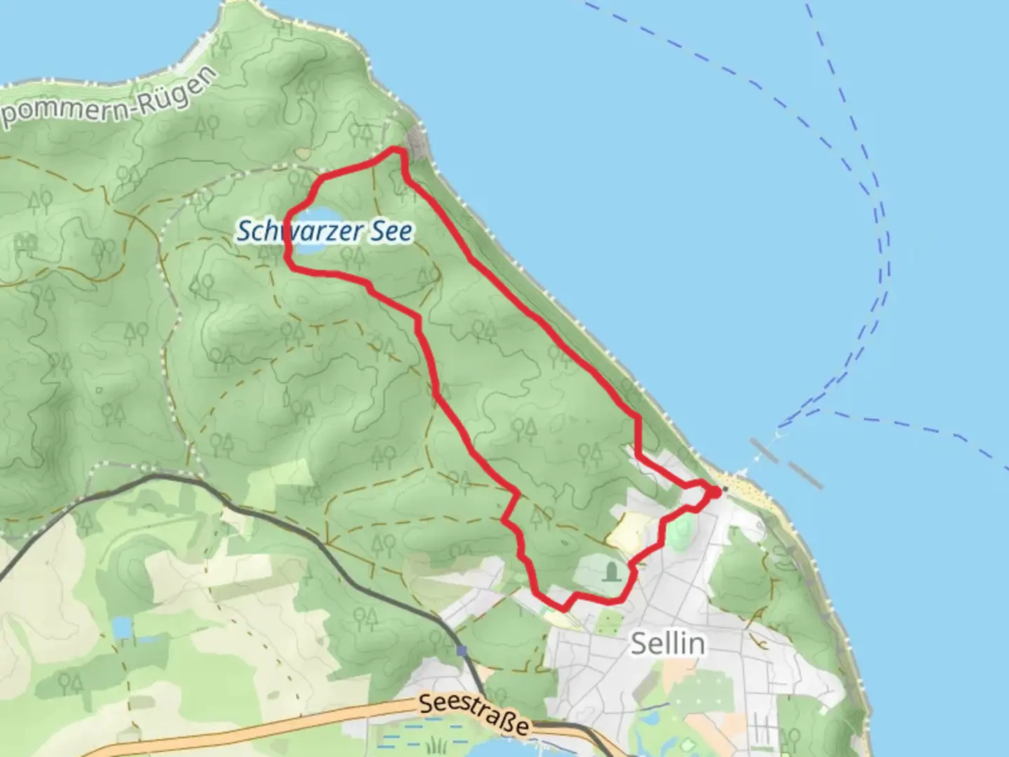 An image depicting the trail Ufersicht Waldhalle and Schwarzer See via Hochuferwanderweg and Roter Punkt and its surrounding area.
