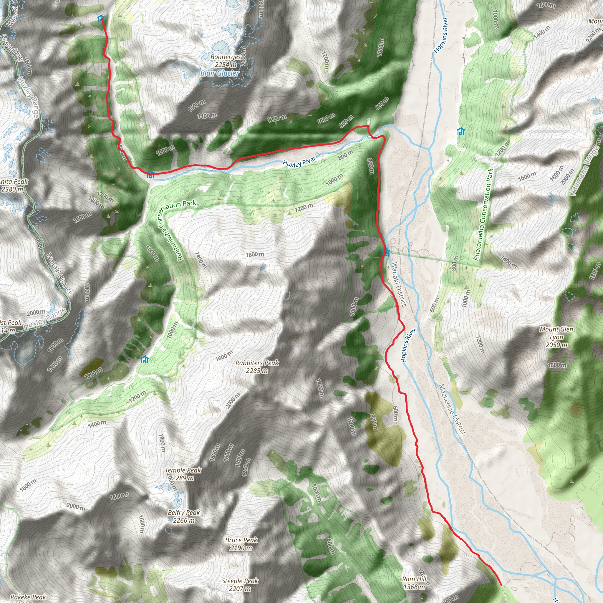 Huxley Valley Track - Ram Hill Carpark to Brodrick Hut mobile static map