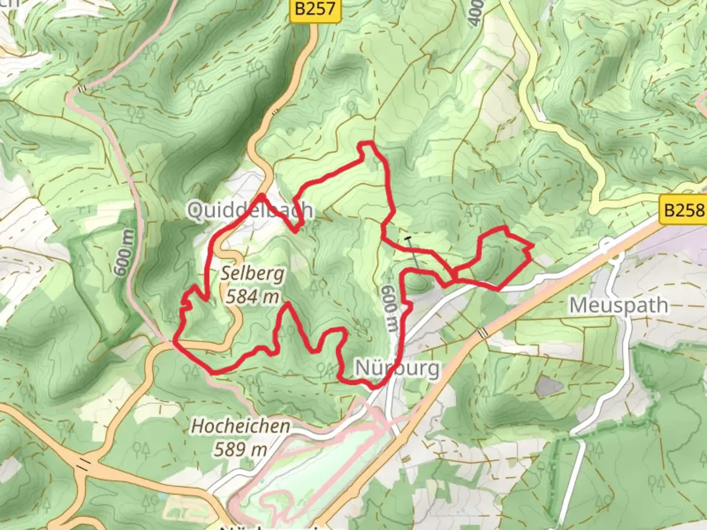 An image depicting the trail Auf den Spuren der Ordensritter and Nürburg Loop and its surrounding area.