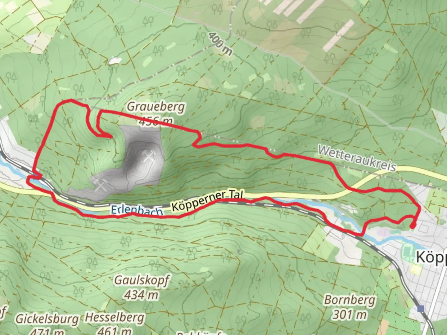 An image depicting the trail Taunusklub Route and Fuchloecherweg and its surrounding area.