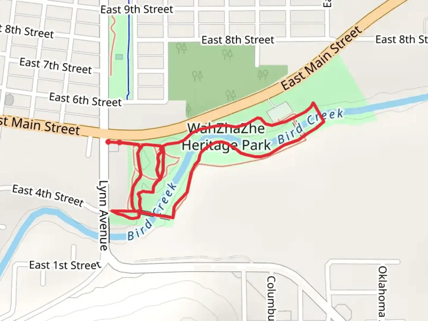 An image depicting the trail WahZhaZhe Heritage Park Loop and its surrounding area.