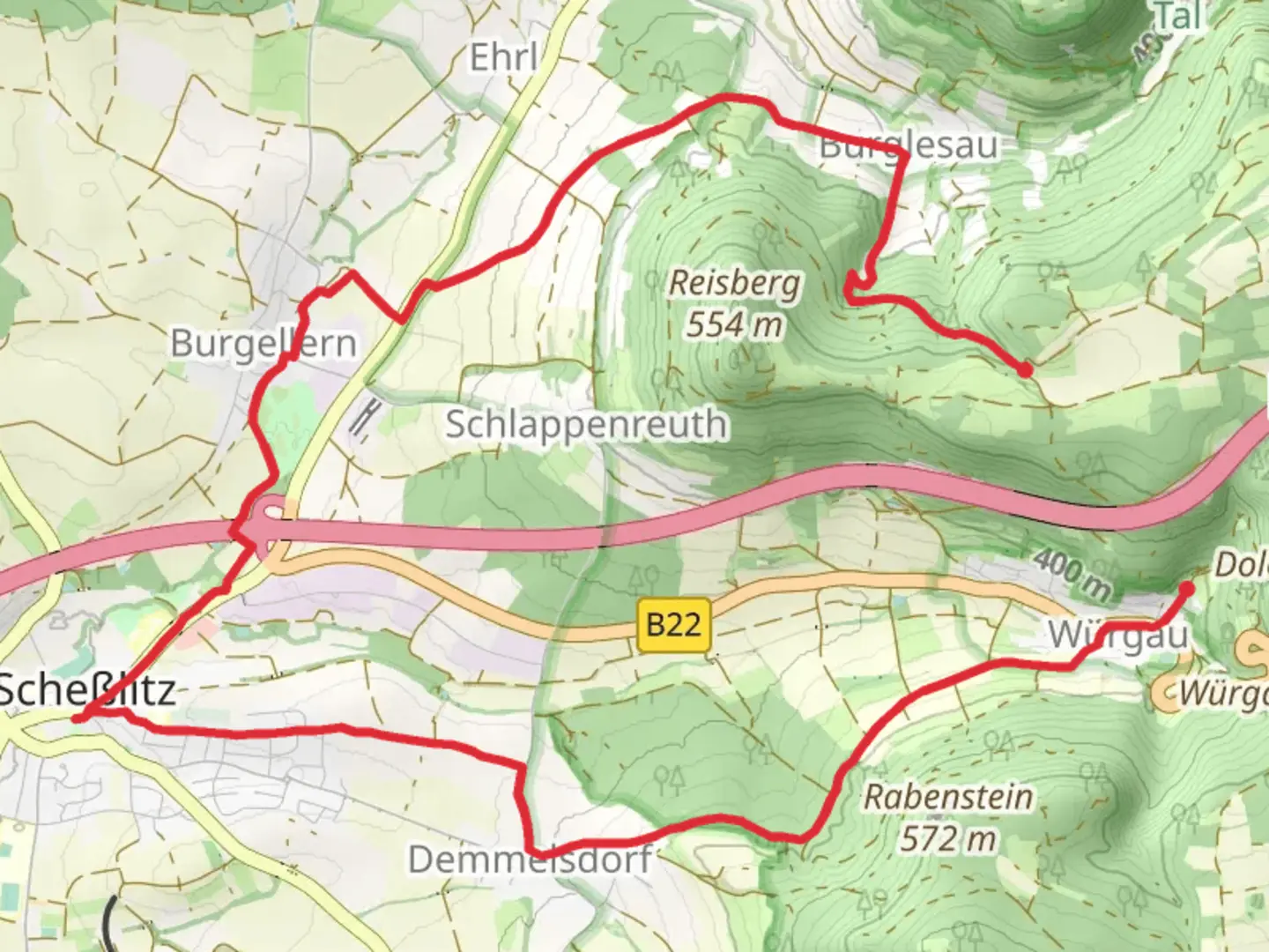 An image depicting the trail Steinleite to Wuergau via Main Donau Weg and Naturfreundeweg and its surrounding area.
