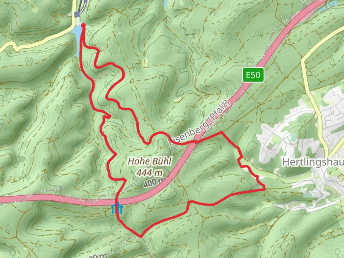 An image depicting the trail Pfaelzerwald Blau Weisser Balken Loop and its surrounding area.