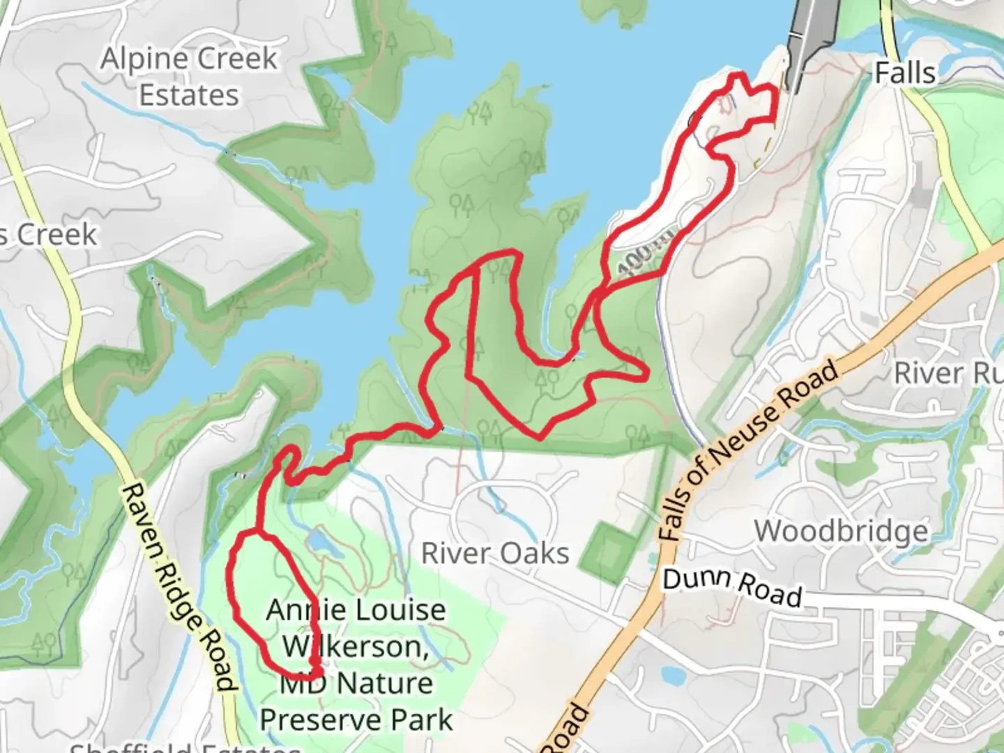An image depicting the trail Falls Lake, Long Leaf and Epps Forest Loop Trail and its surrounding area.