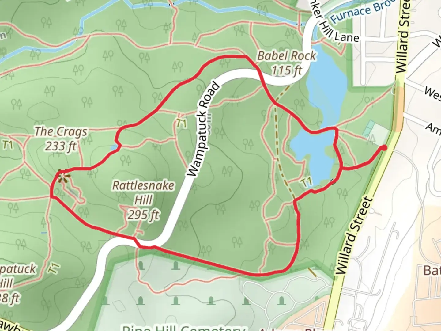 An image depicting the trail Skyline and Pipe Line Trail Loop from Saint Moritz Pond and its surrounding area.