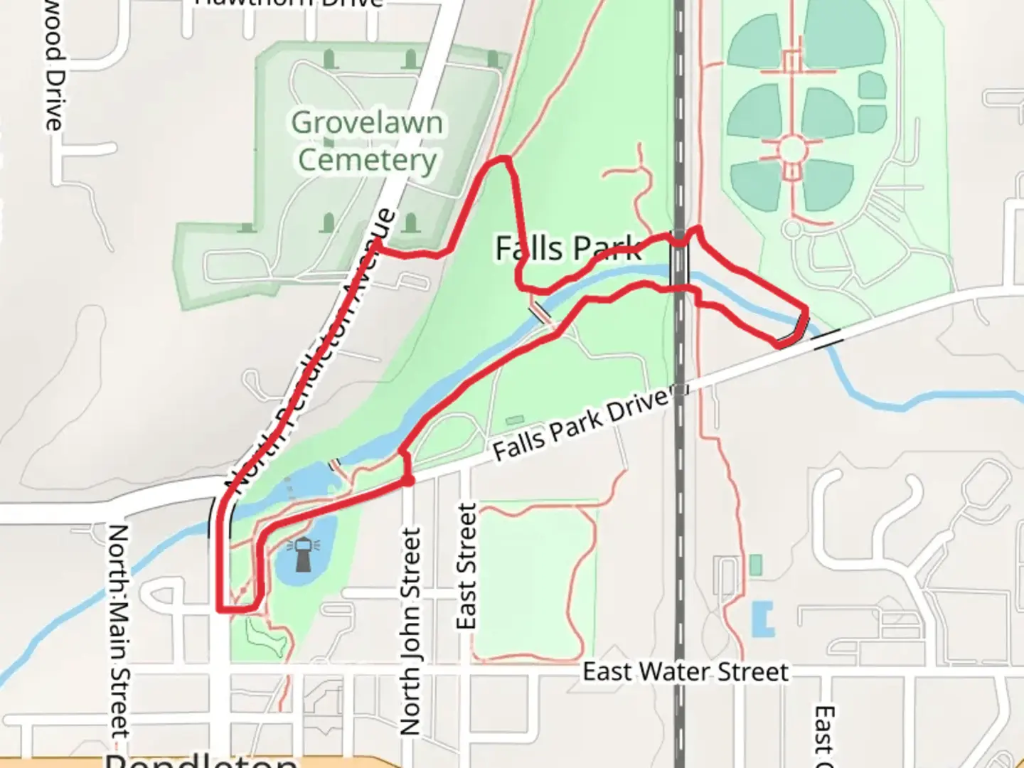 An image depicting the trail Falls Park and Creek Loop and its surrounding area.