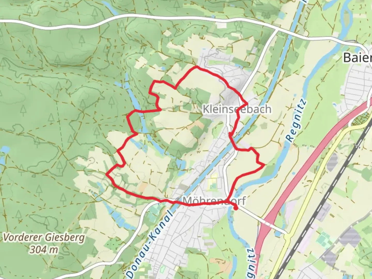 An image depicting the trail Tiefenwegweiher via Wanderweg Erlangen and its surrounding area.