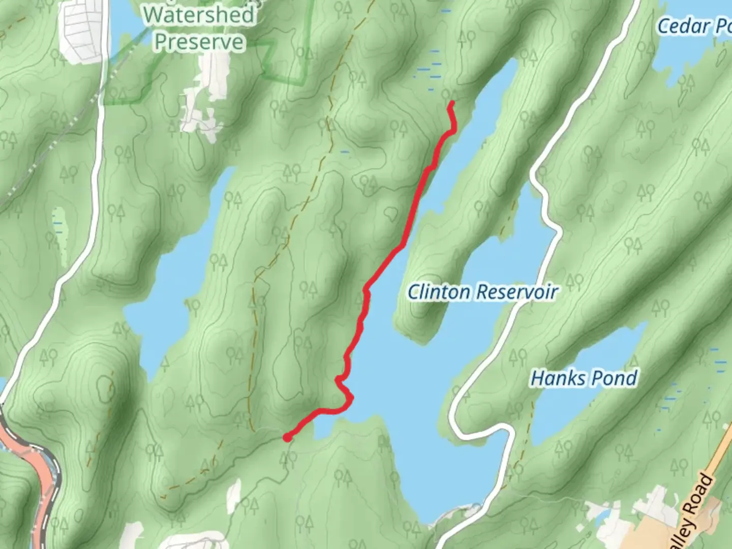 An image depicting the trail Unmarked Foot Path and Highlands Trail and its surrounding area.