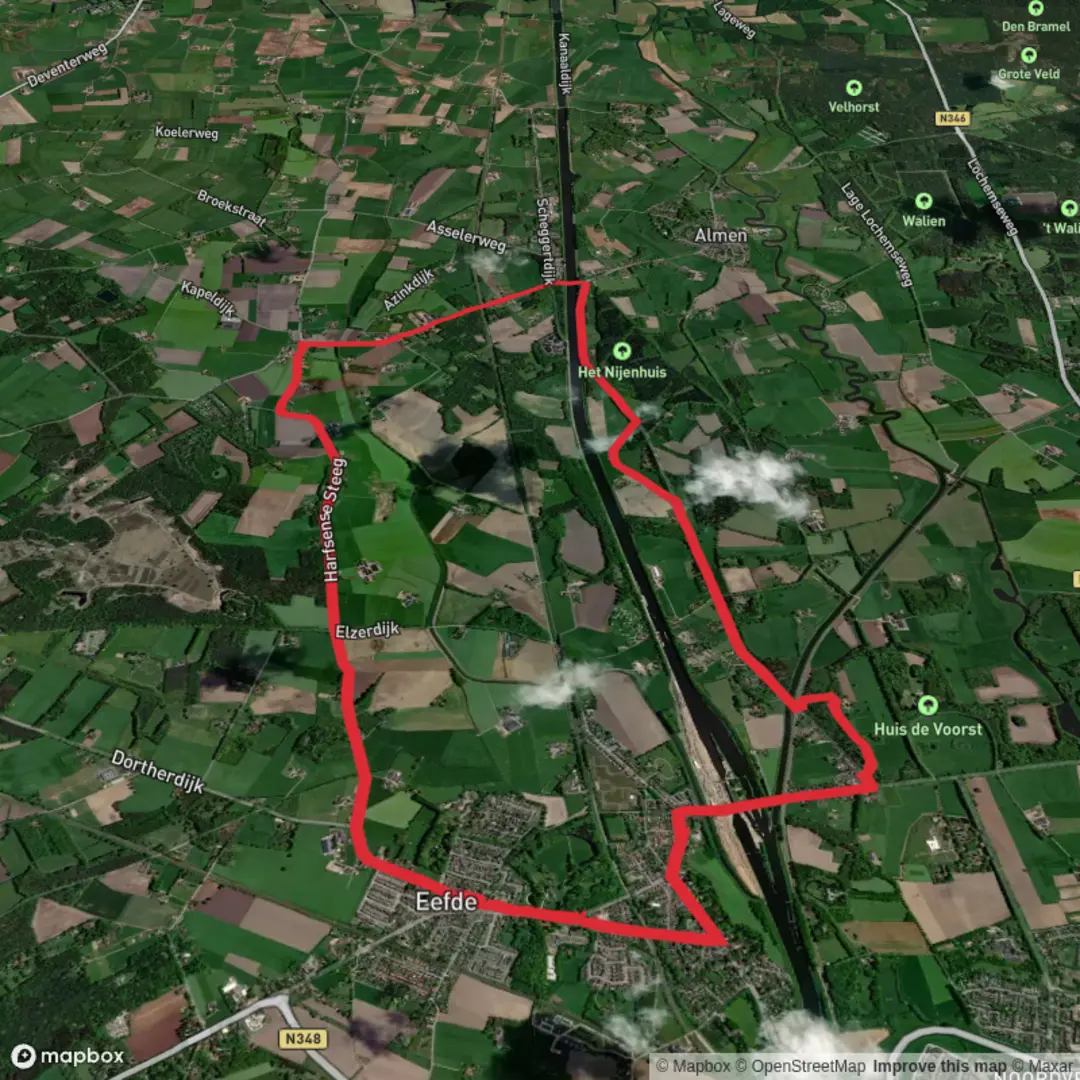 An image depicting the trail Twentekanaal via Rondje Twentekanaal and Calluna Route and its surrounding area.