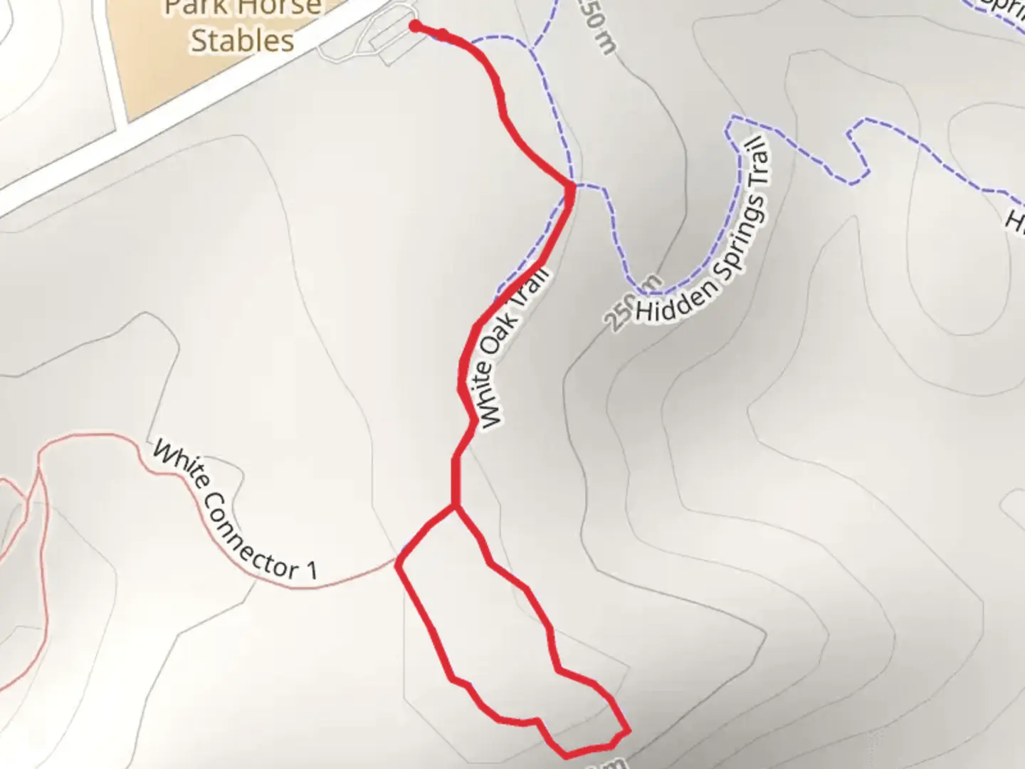 An image depicting the trail White Oak Trail via Hidden Springs Trail and its surrounding area.