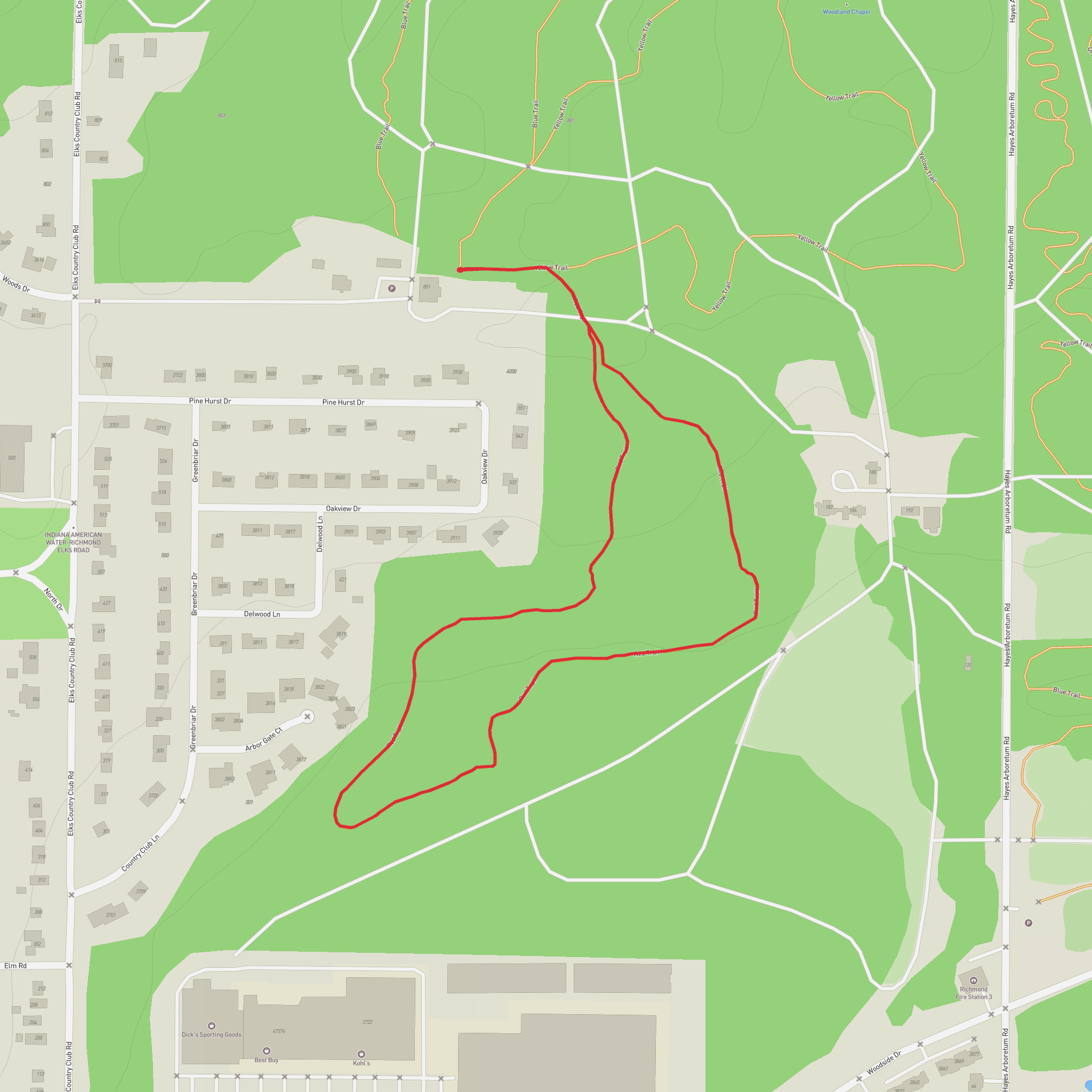 Red Trail in Hayes Arboretum mobile static map