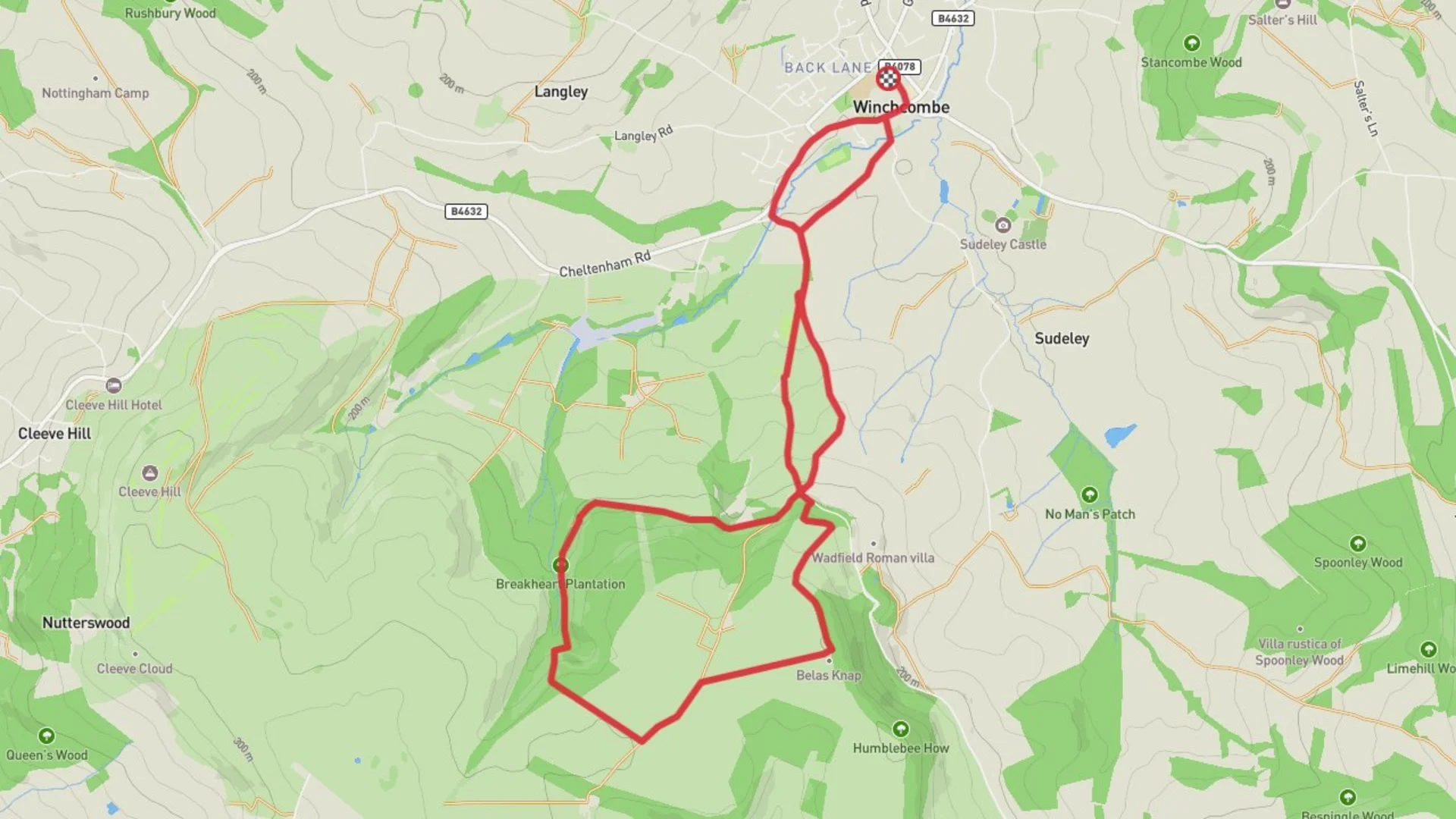 An image depicting the trail Breakheart Plantation, Belas Knap and Winchcombe Loop and its surrounding area.