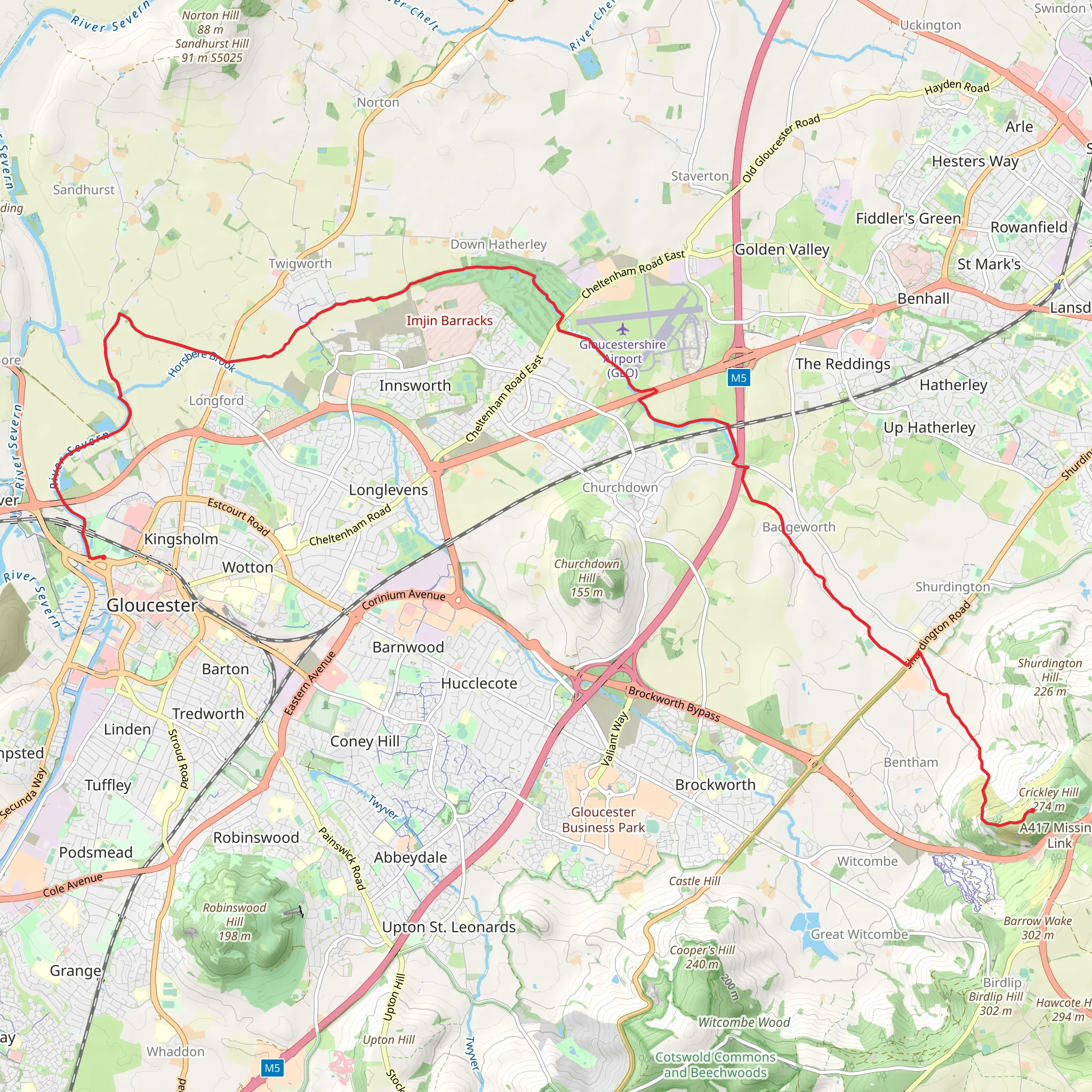 Gloucester to Cold Slad via Gloucestershire Airport mobile static map