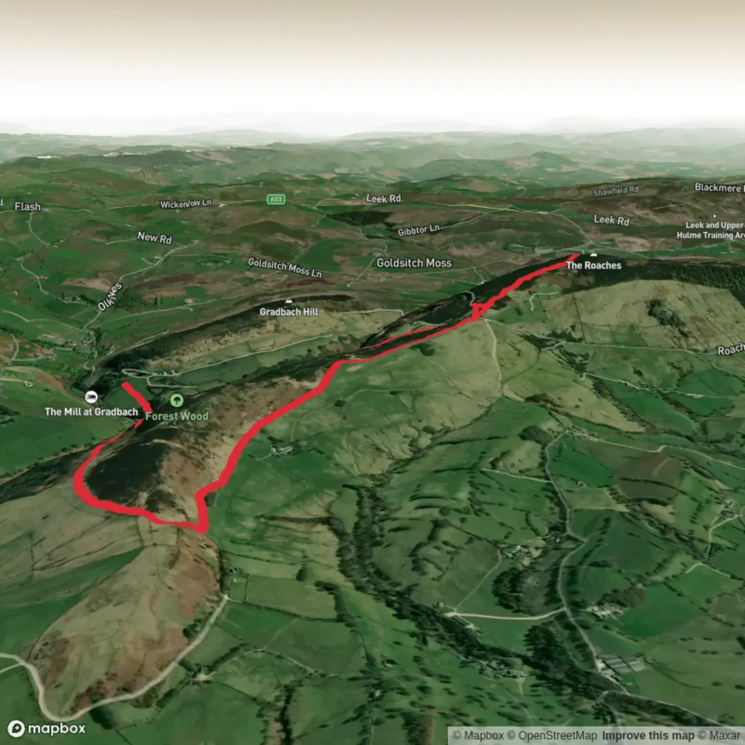 An image depicting the trail Gradbach, luds church, trig point and Gradbach and its surrounding area.