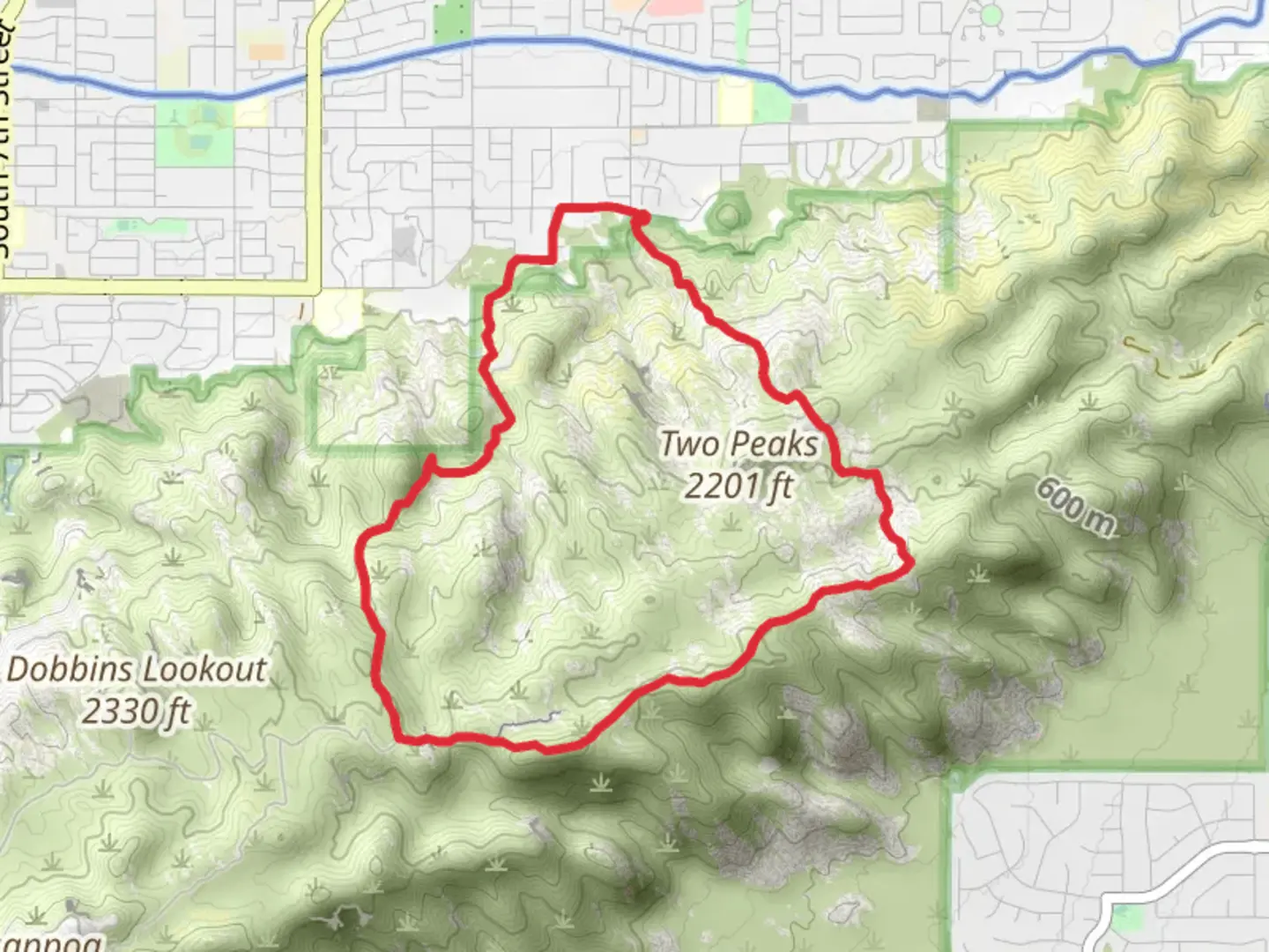 An image depicting the trail Geronimo, National and Midlife Crisis Loop Trail and its surrounding area.