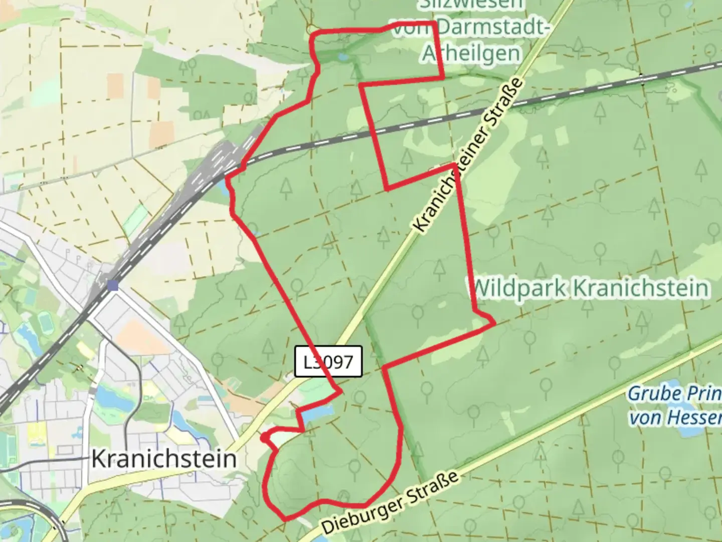 An image depicting the trail Backhausteich via Kernschneise and Hahnwiesenschneise and its surrounding area.