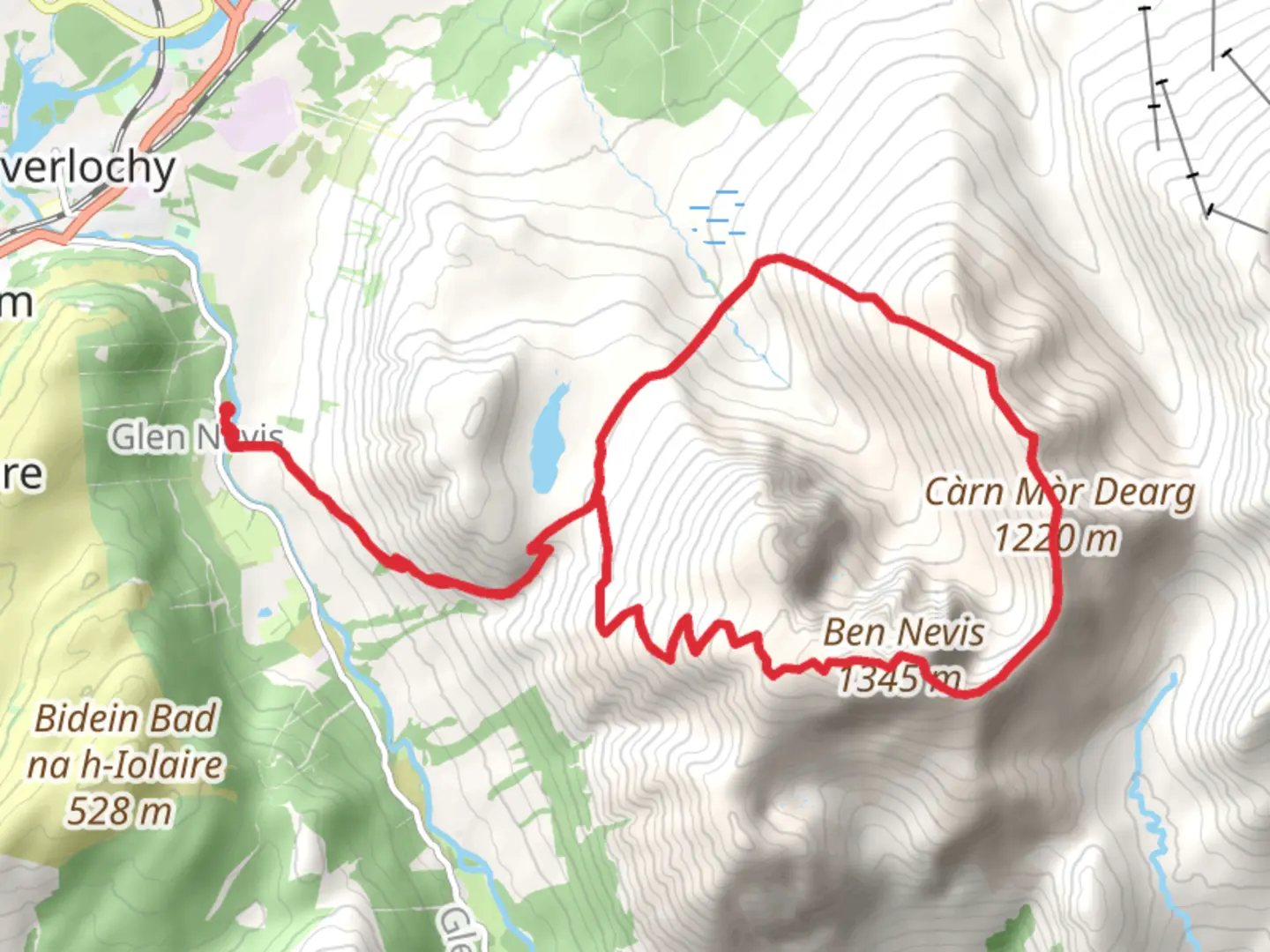 An image depicting the trail Ben Nevis via CMD and its surrounding area.