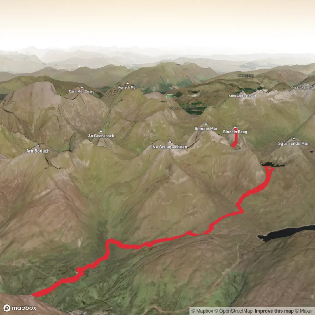 An image depicting the trail Kinlochleven - Binnein Beag and its surrounding area.