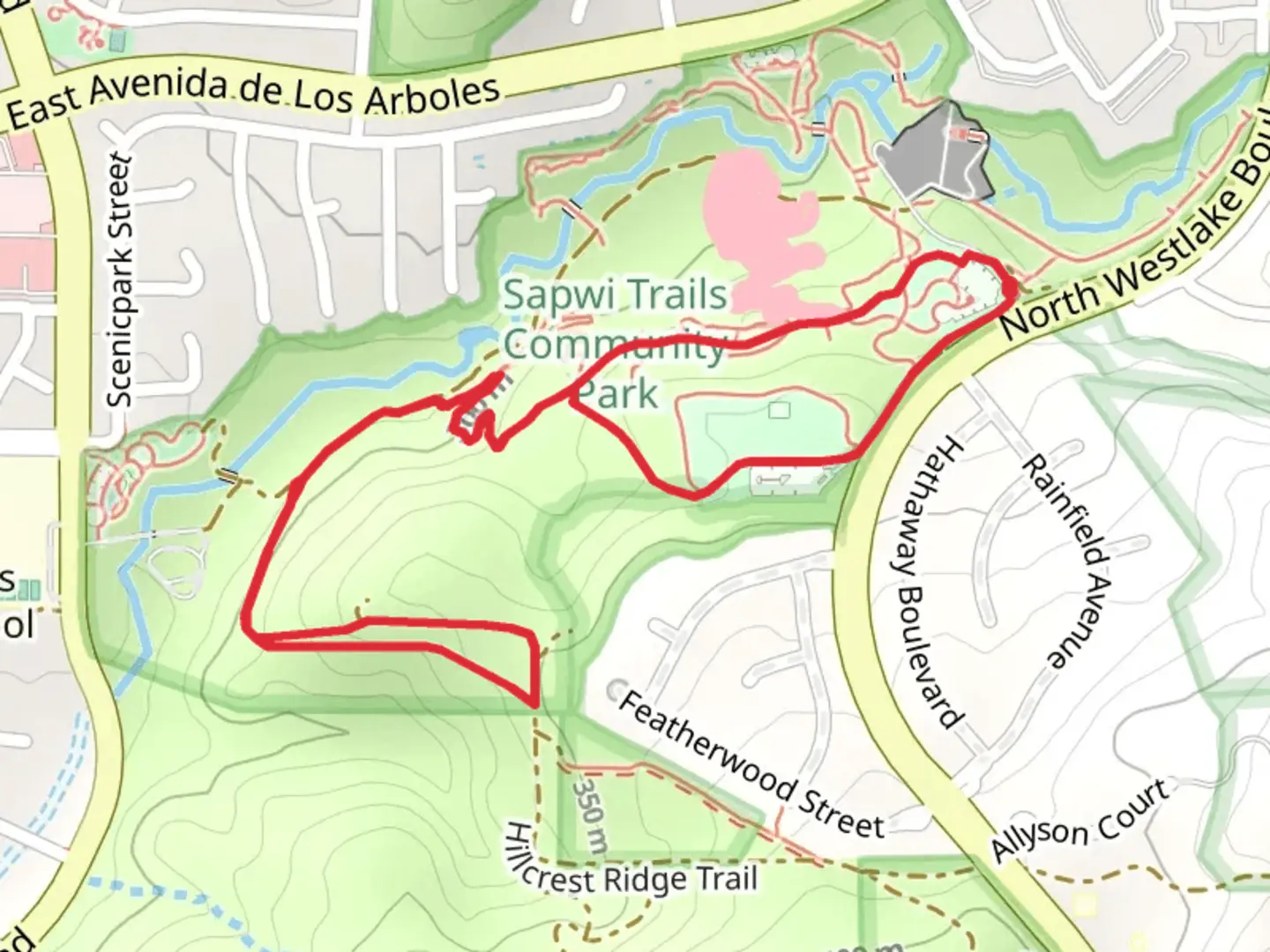 An image depicting the trail Sapwi Trails Westlake Lower Terrace Loop and its surrounding area.