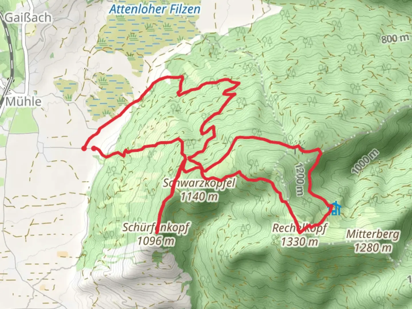 An image depicting the trail Rechelkopf and Schwarzköpfel Loop via Wanderweg Filze and its surrounding area.