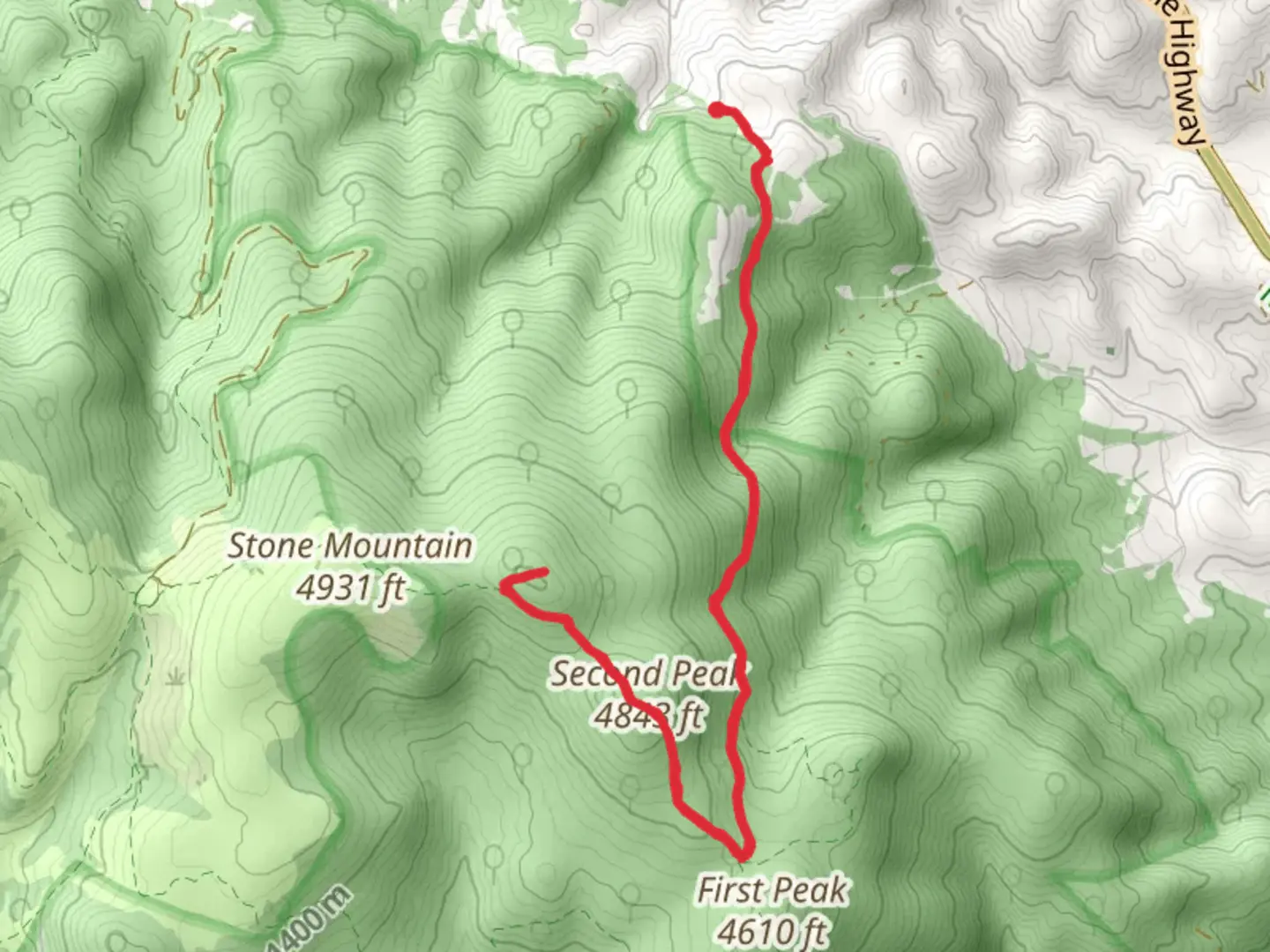 An image depicting the trail Third Peak via Jackie Street and First Peak Trail and its surrounding area.