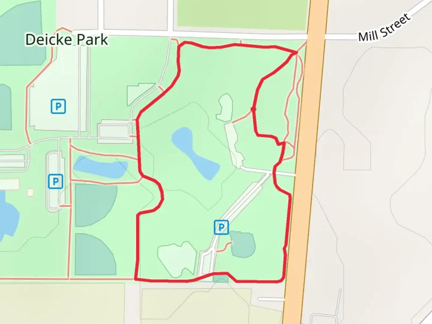 An image depicting the trail Mill Street Loop and its surrounding area.