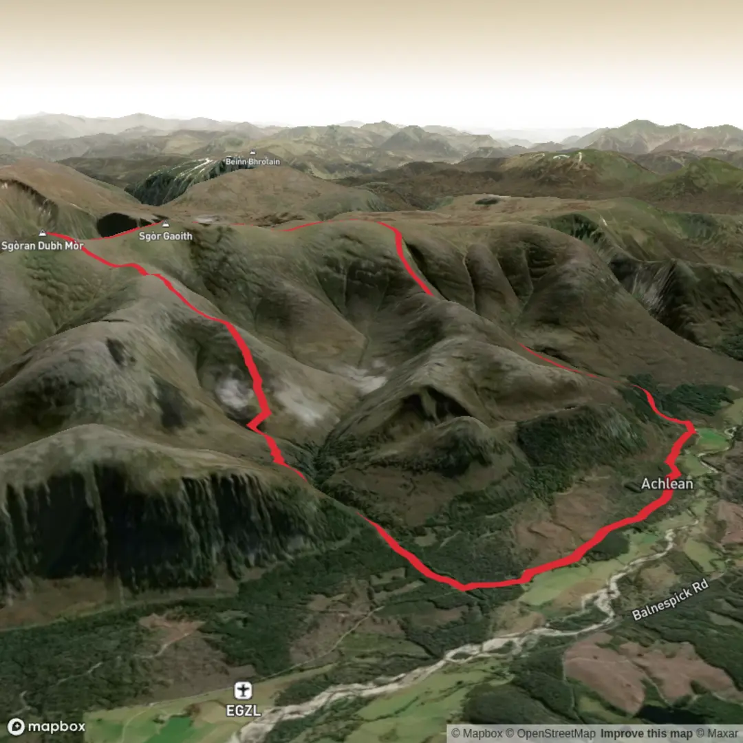 An image depicting the trail Sgor Gaoith from Glen Feshie circuit and its surrounding area.
