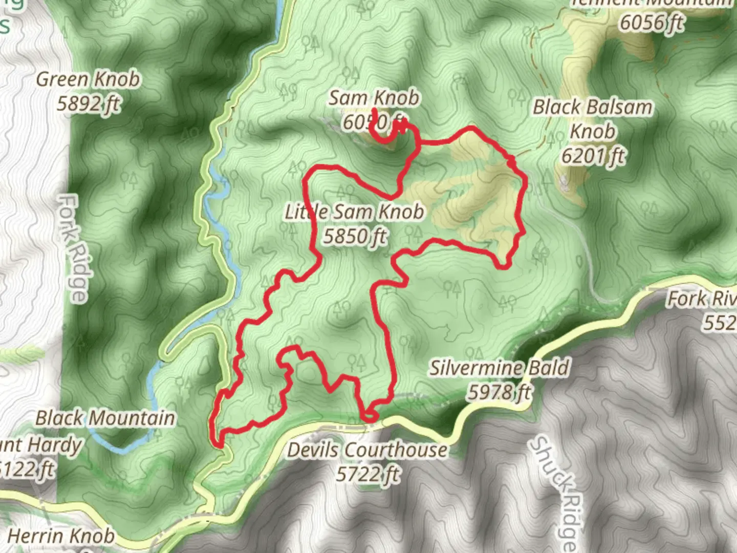 An image depicting the trail Sam Knob, Flat Laurel Creek, Mountains-to-Sea and Little Sam Loop Trail and its surrounding area.