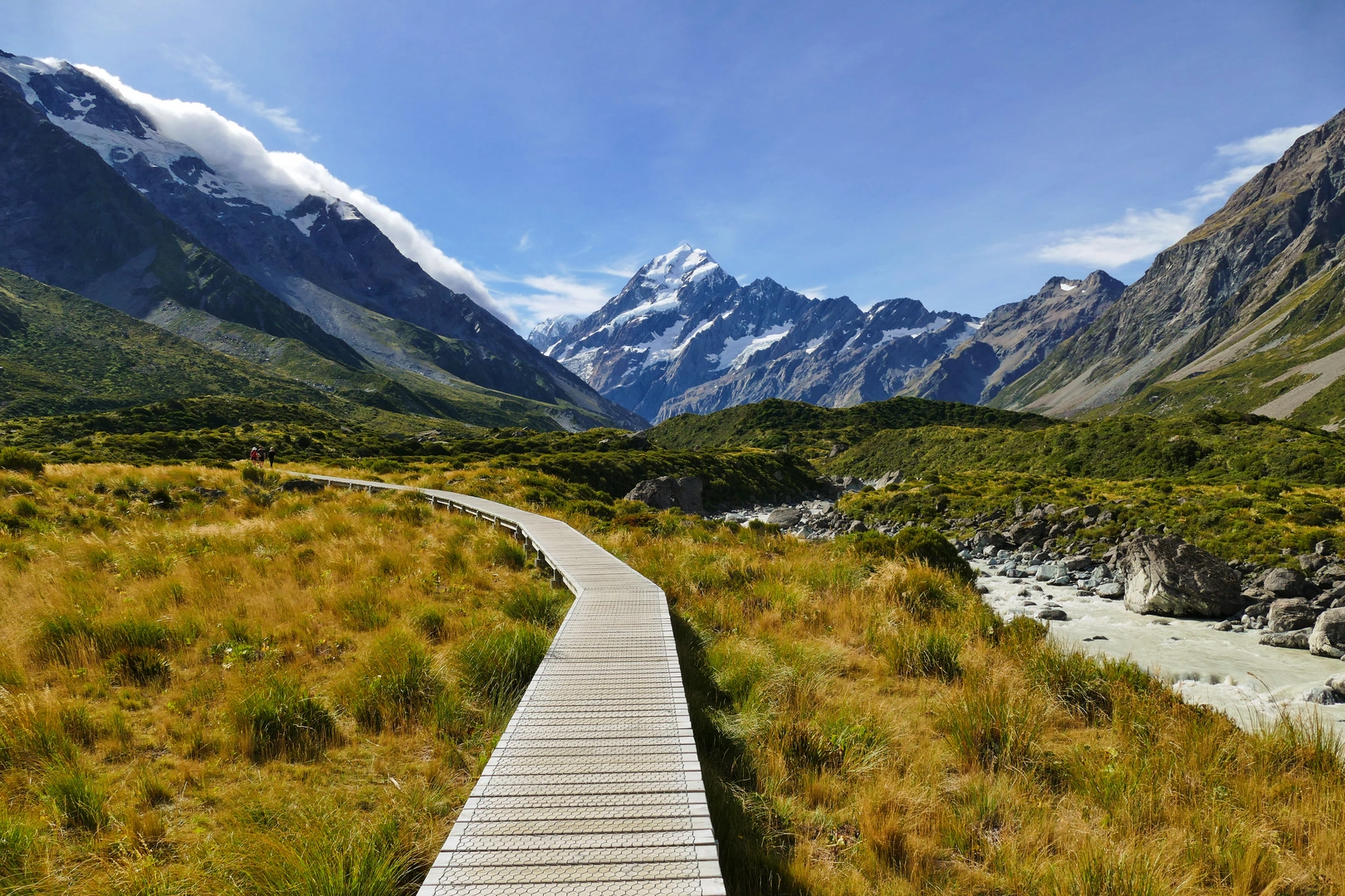 An image depicting the trail Hooker Valley Track and its surrounding area.