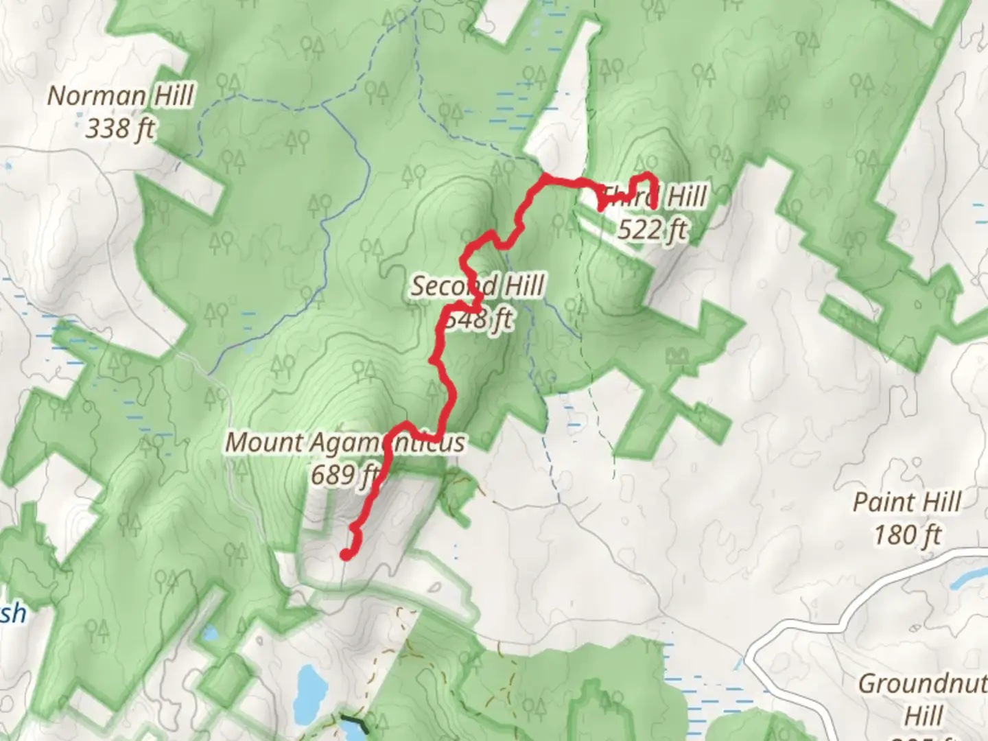 An image depicting the trail Second and Third Hill from Mount Agamenticus and its surrounding area.