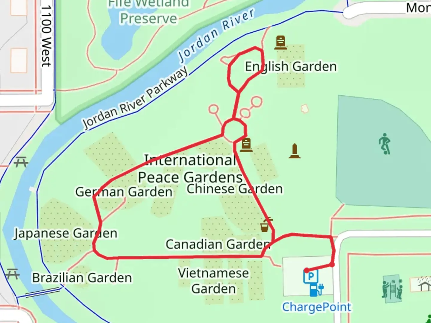 An image depicting the trail Jordan Park, German Garden and Greek Garden Loop and its surrounding area.