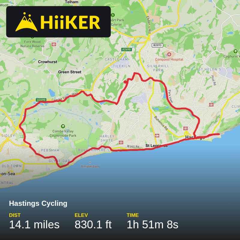 A map preview of the recording Hastings Cycling.