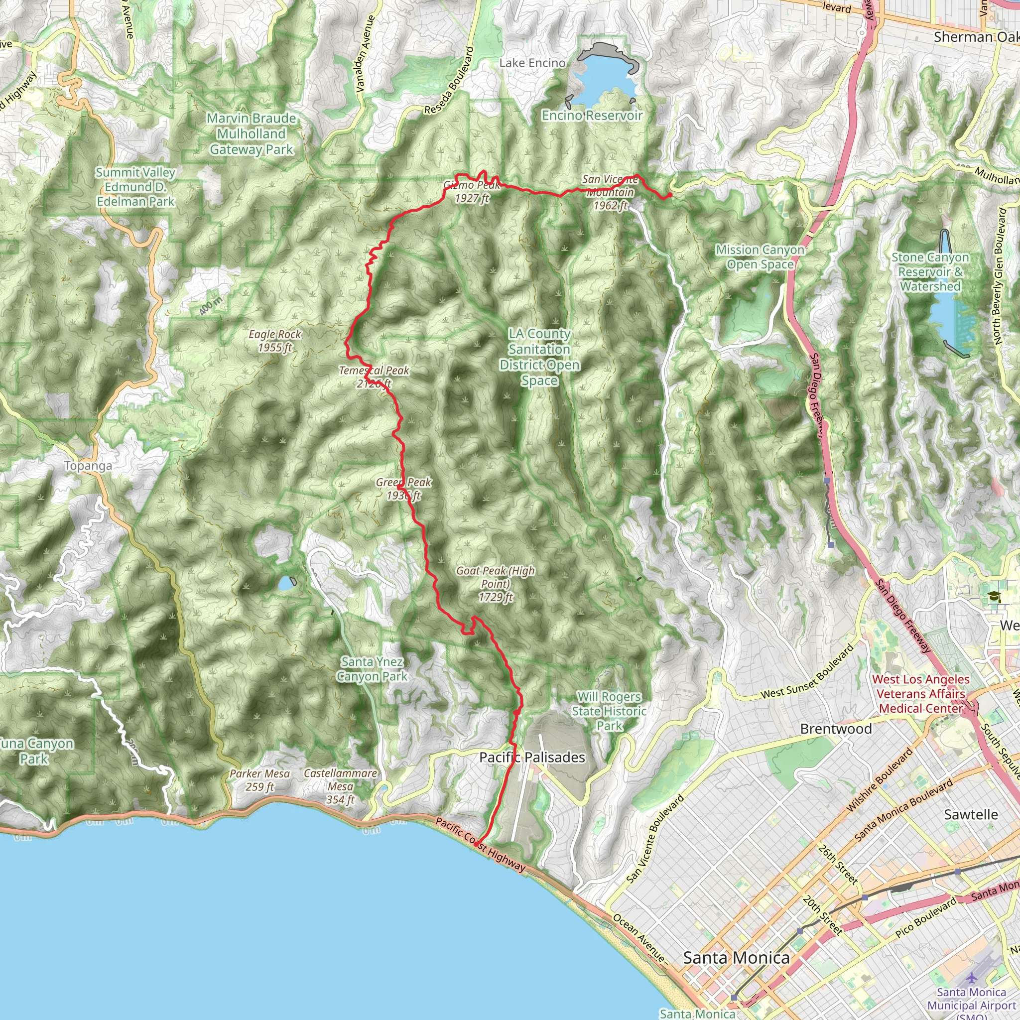 Mulholland Drive and Temescal Canyon Trail mobile static map