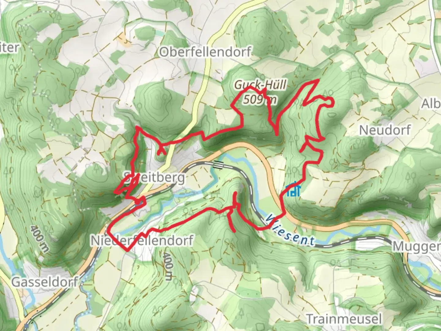 An image depicting the trail Binghohle, Kirchenweghohle, Schwingbogen and Neideck Castle Loop and its surrounding area.