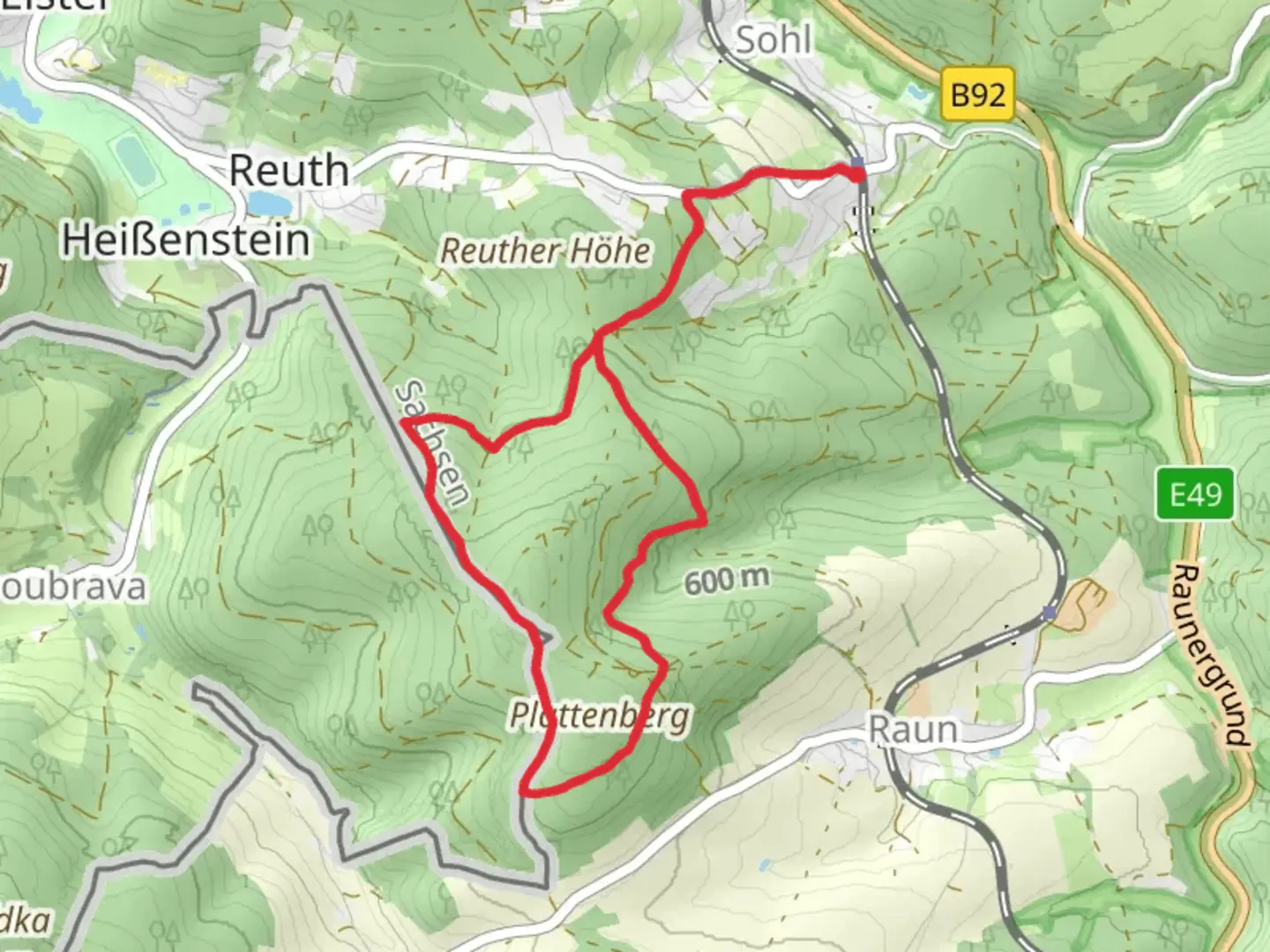 An image depicting the trail Grüner Weg and Rauner Grundweg Loop and its surrounding area.