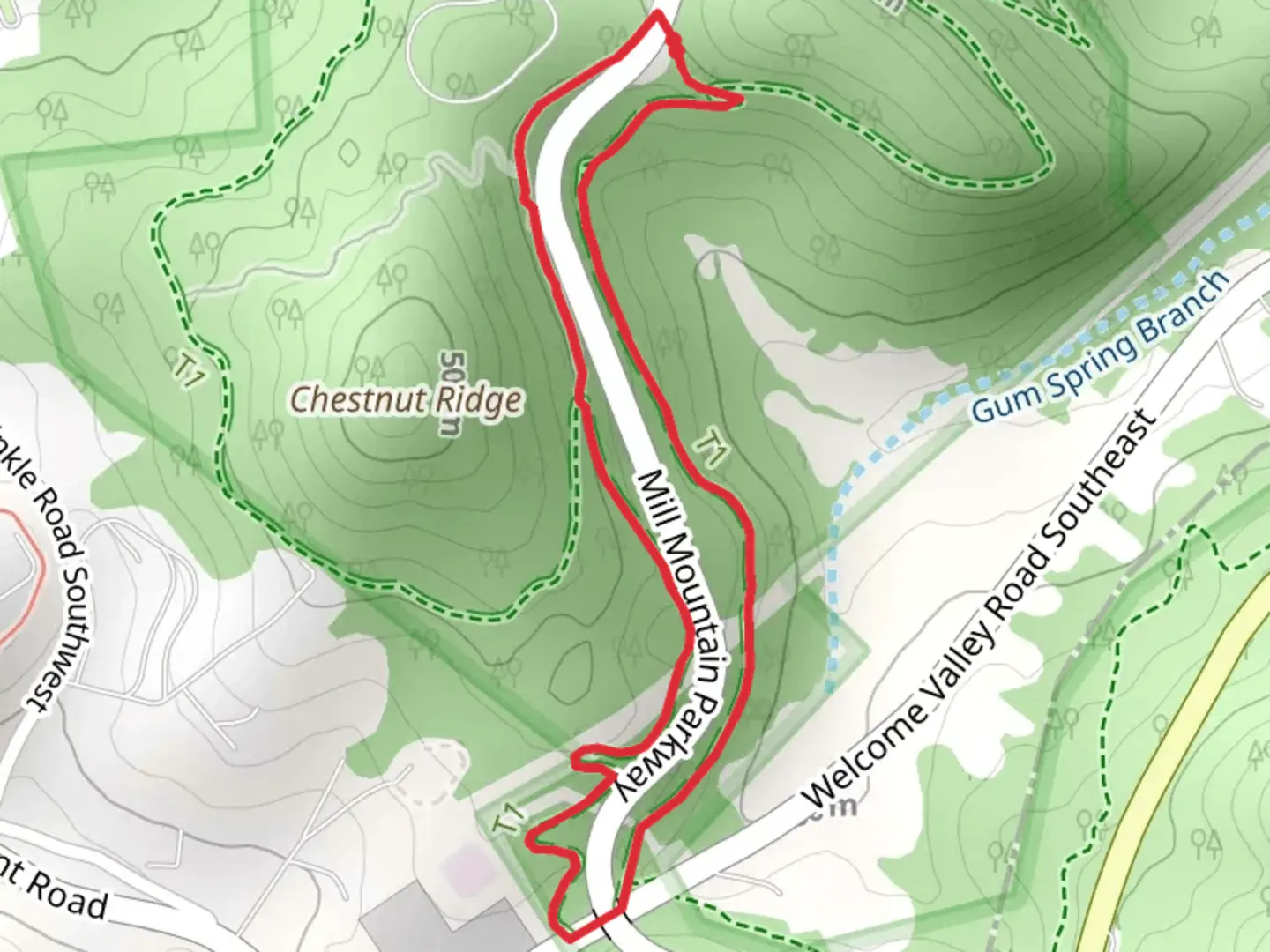 An image depicting the trail Mill Mountain Parkway and Welcome Valley Road Southeast Loop and its surrounding area.