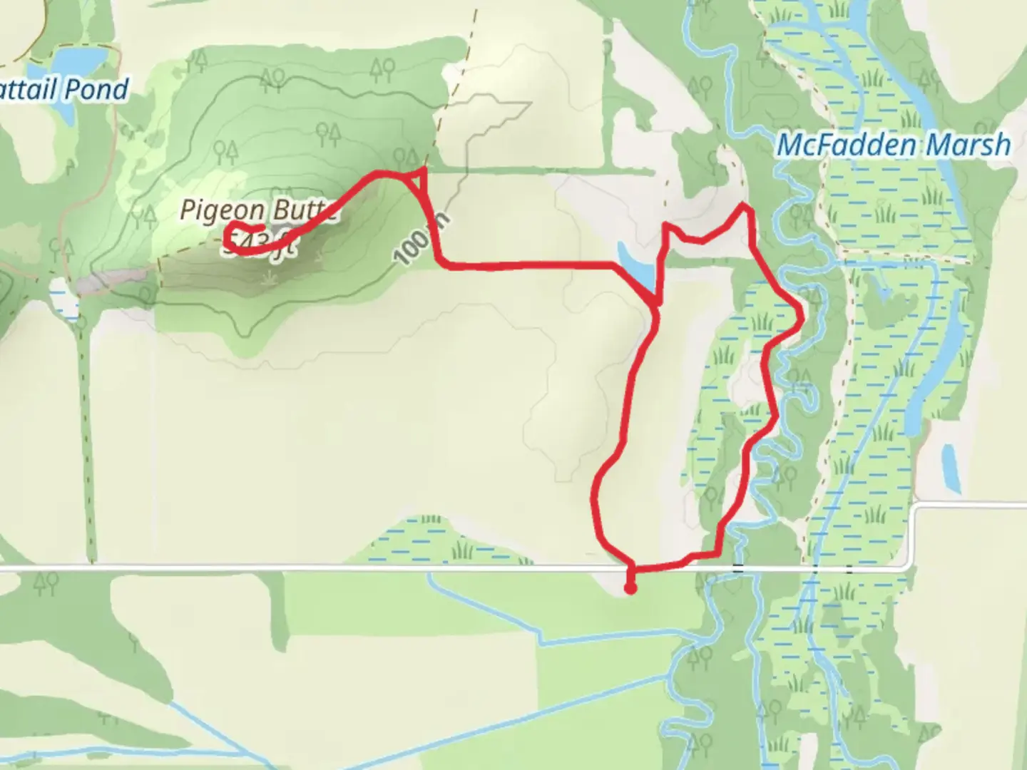 An image depicting the trail Pigeon Butte and Cheadle Barn Pond Loop via Cheadle Marsh Trail and its surrounding area.