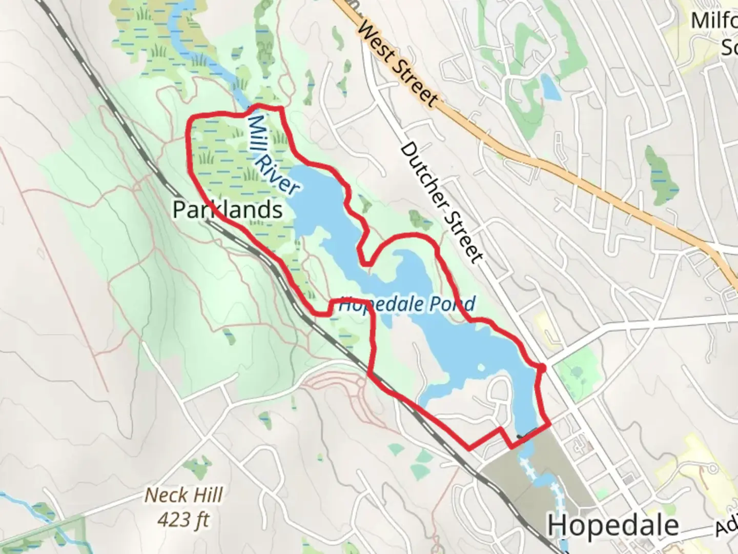An image depicting the trail Hopedale Pond Loop Trail and its surrounding area.